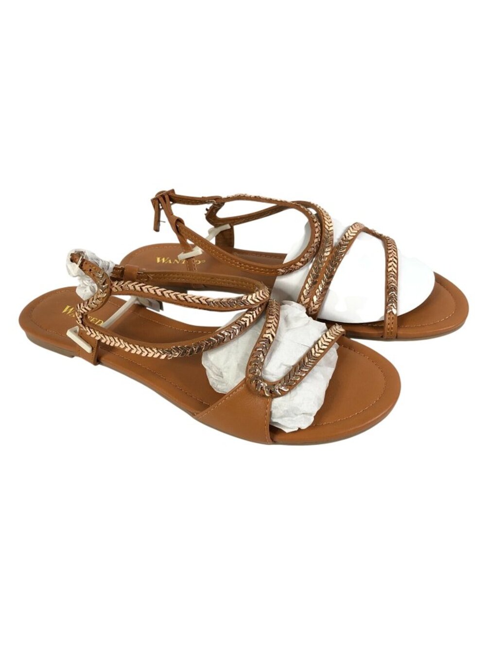 Wanted Womens Sandals Strappy Faux Leather Gold Trim Brown Size 9